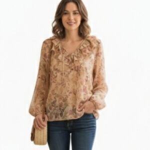 LOFT Floral With Gold Metallic Ruffle V-Neck Blouse Size L Long Sleeve